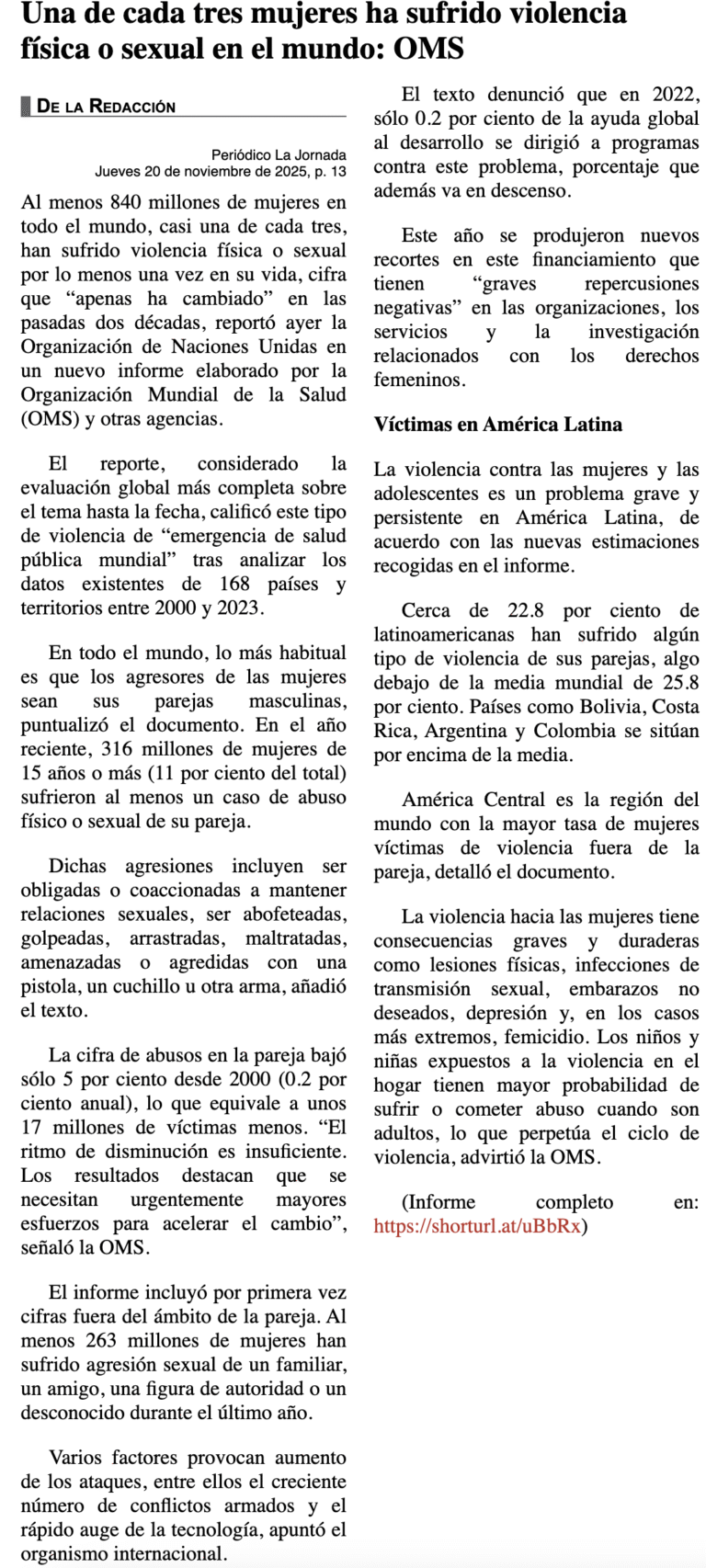 Una de cada tres mujeres ha sufrido violencia física o sexual en el ...