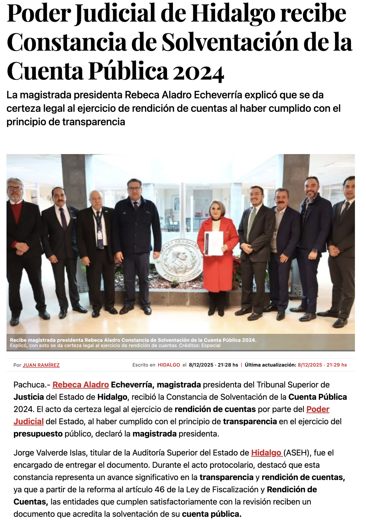 Poder Judicial de Hidalgo recibe Constancia de Solventación de la ...