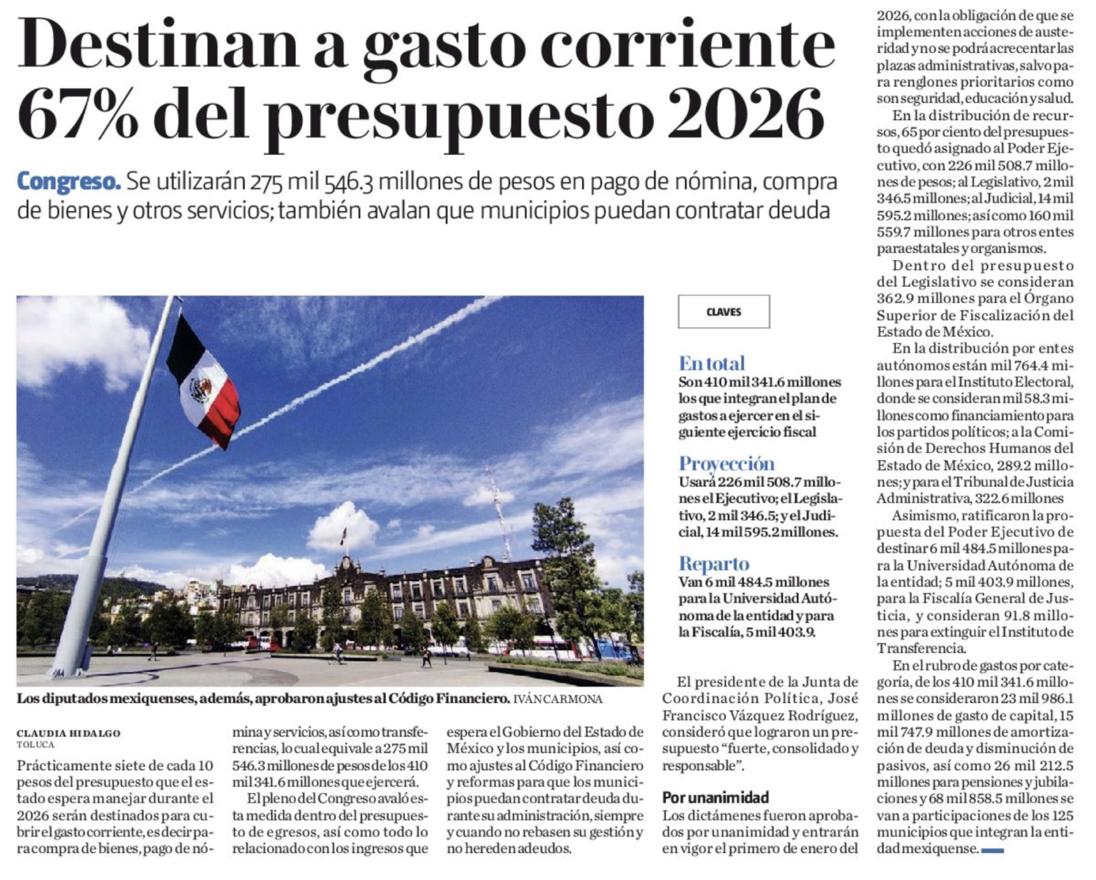 Congreso de Edomex aprueba paquete fiscal 2026