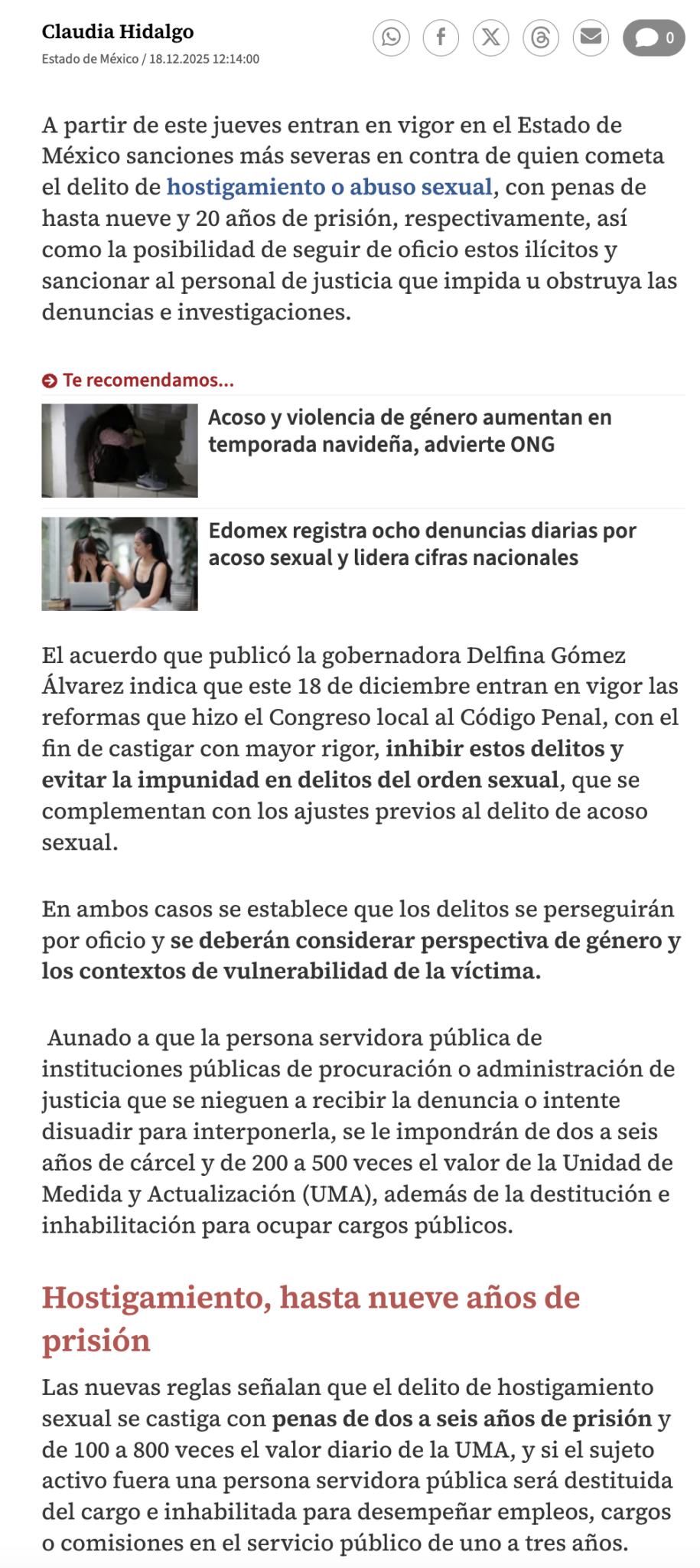 Entran en vigor nuevas penas por acoso y abuso sexual en Edomex