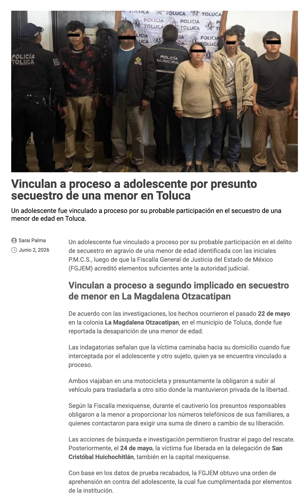 Vinculan a proceso a adolescente por presunto secuestro de Paulina ...